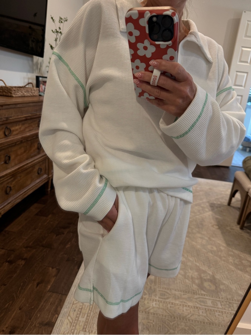 Amazon Women's White Waffle-Knit Pullover Sweatshirt with Mint Green Trim